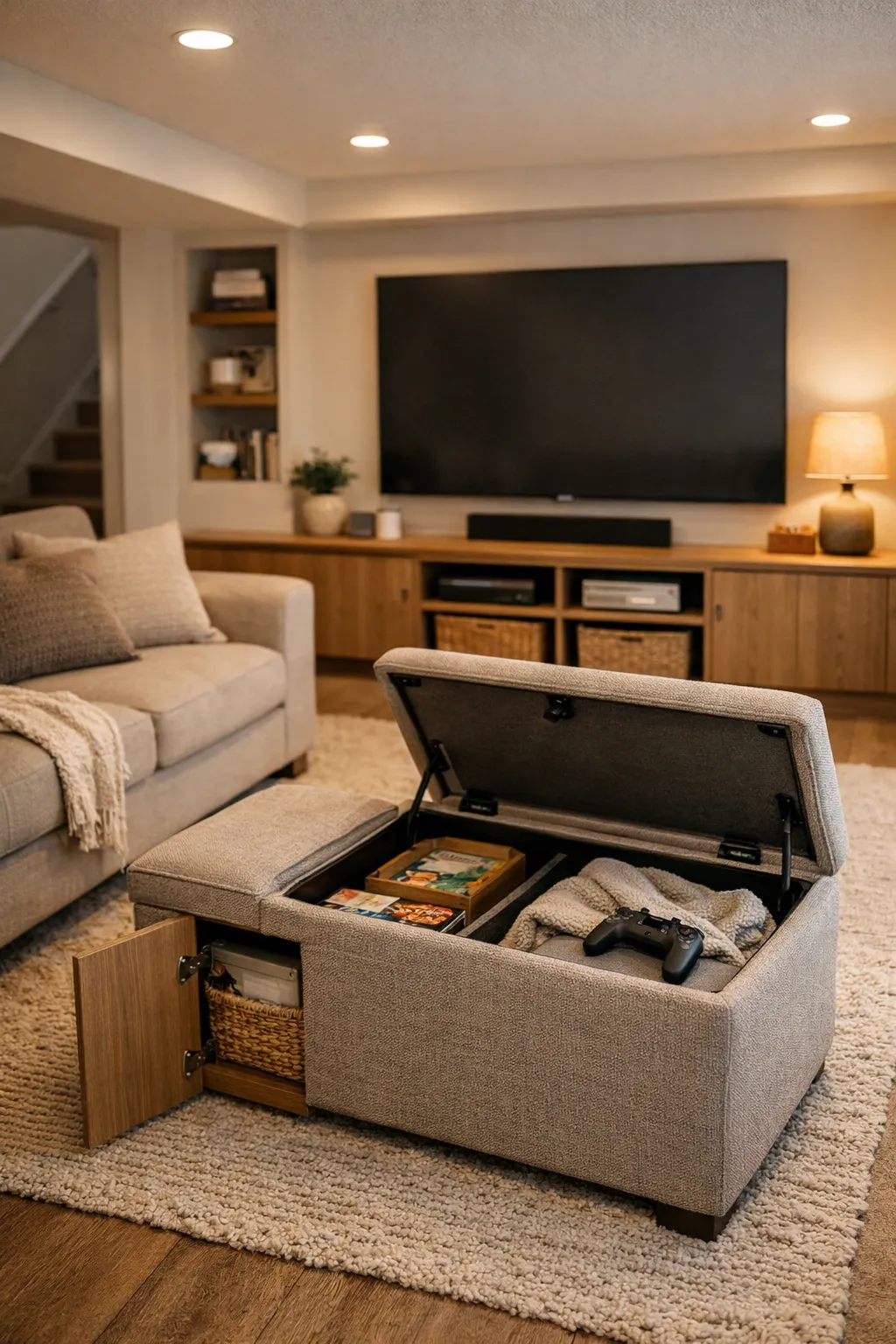 A basement theater with hidden storage benches, a soft sofa, and a clean organized layout.