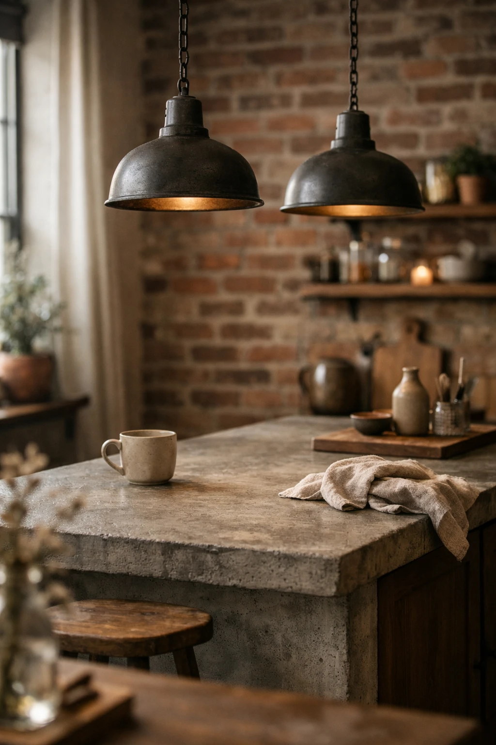 Industrial metal pendant lights above a kitchen island with concrete countertop