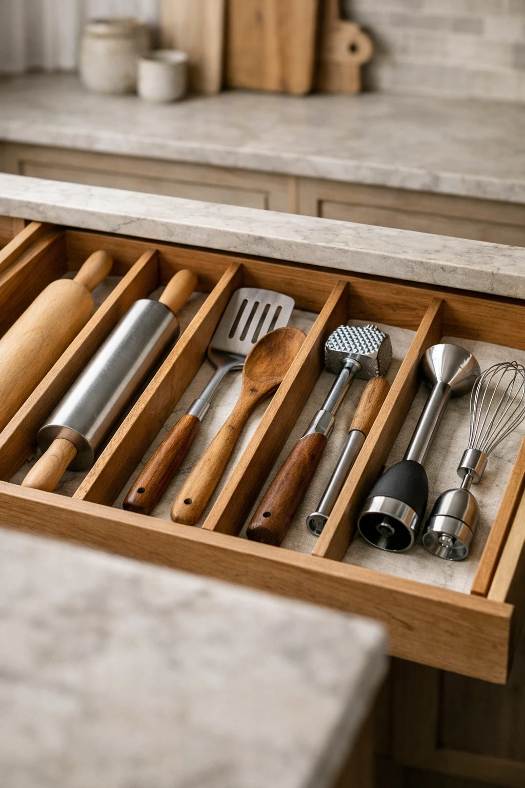 Kitchen drawer with large cooking tools organized using adjustable dividers.
