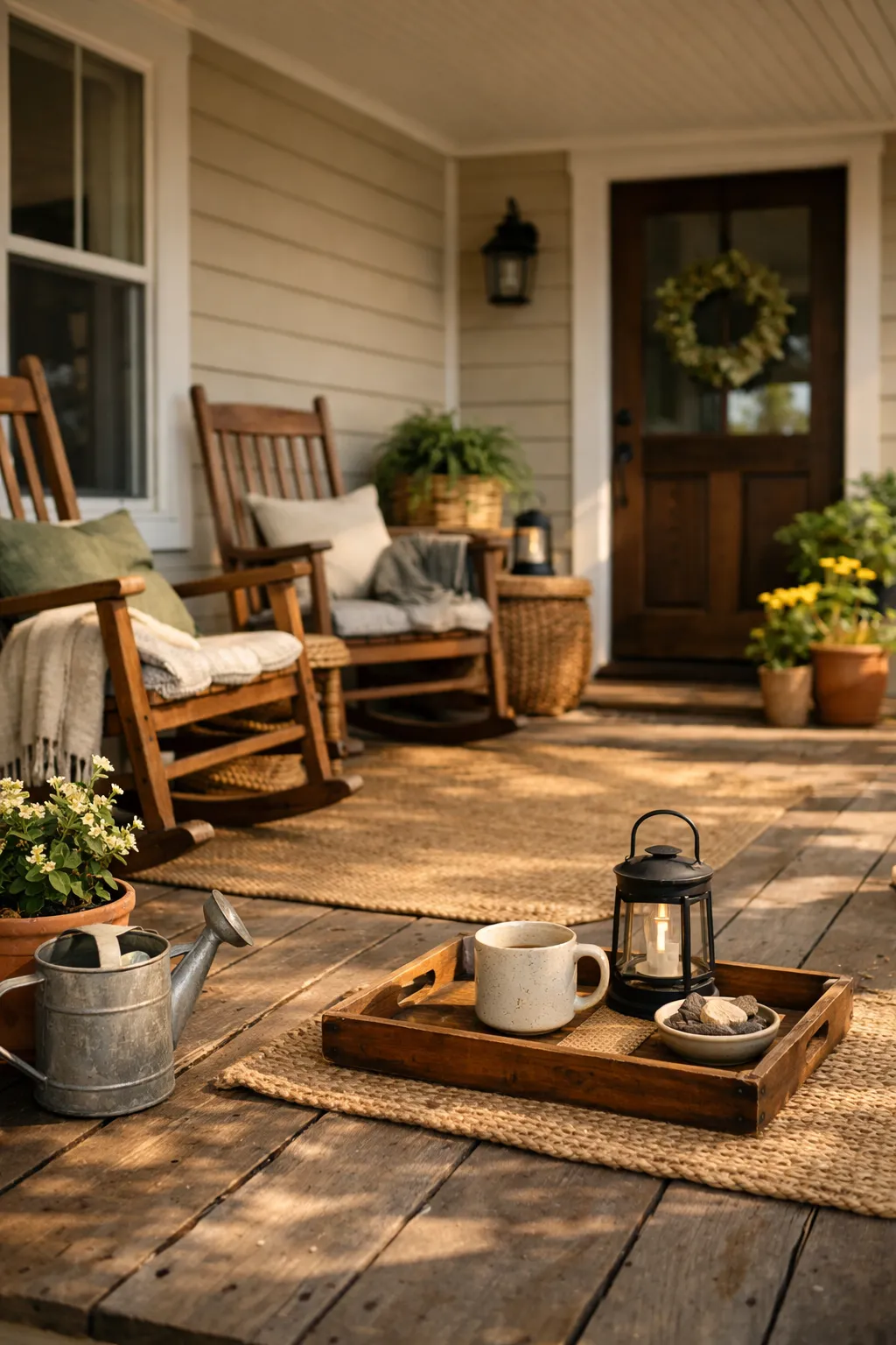 A double wide front porch with practical decor, rocking chairs, plants, and personal touches that feel warm and inviting.