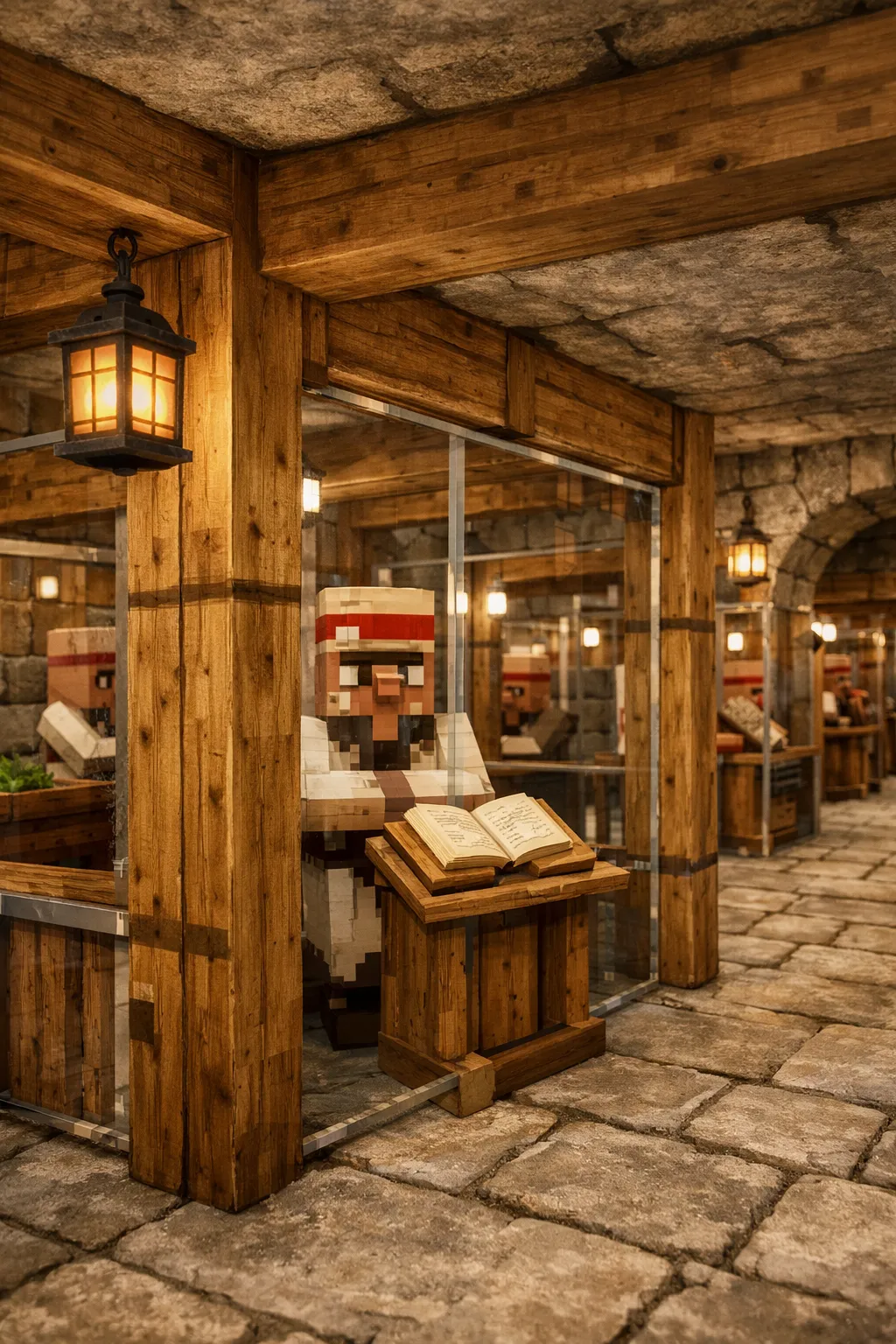 underground villager trading hall with organized trading stalls