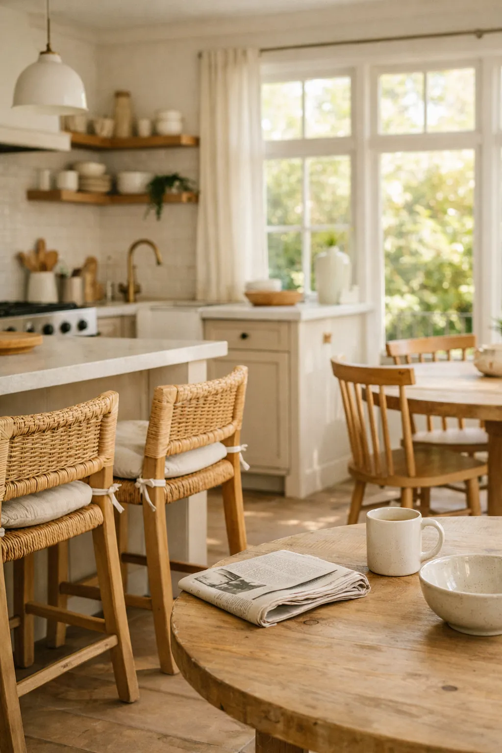 bright kitchen with mixed wood and woven seating, warm daylight, and a relaxed lived-in atmosphere.