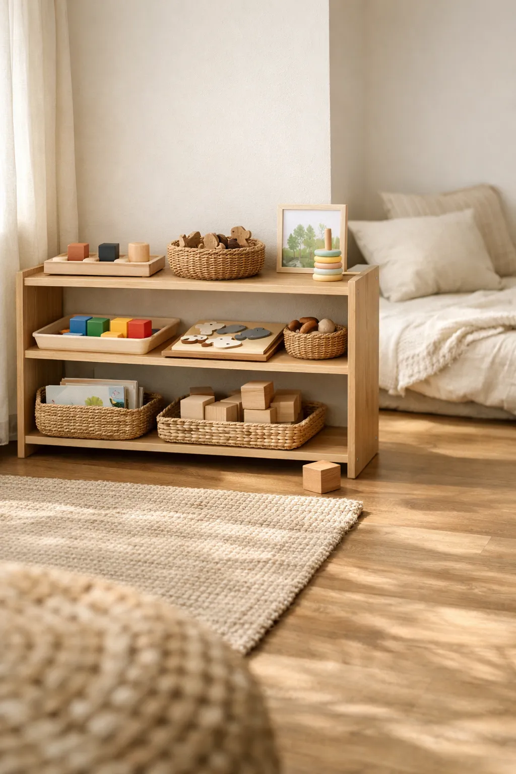 A Montessori bedroom with a curated toy rotation shelf, limited play items, and calm open floor space.