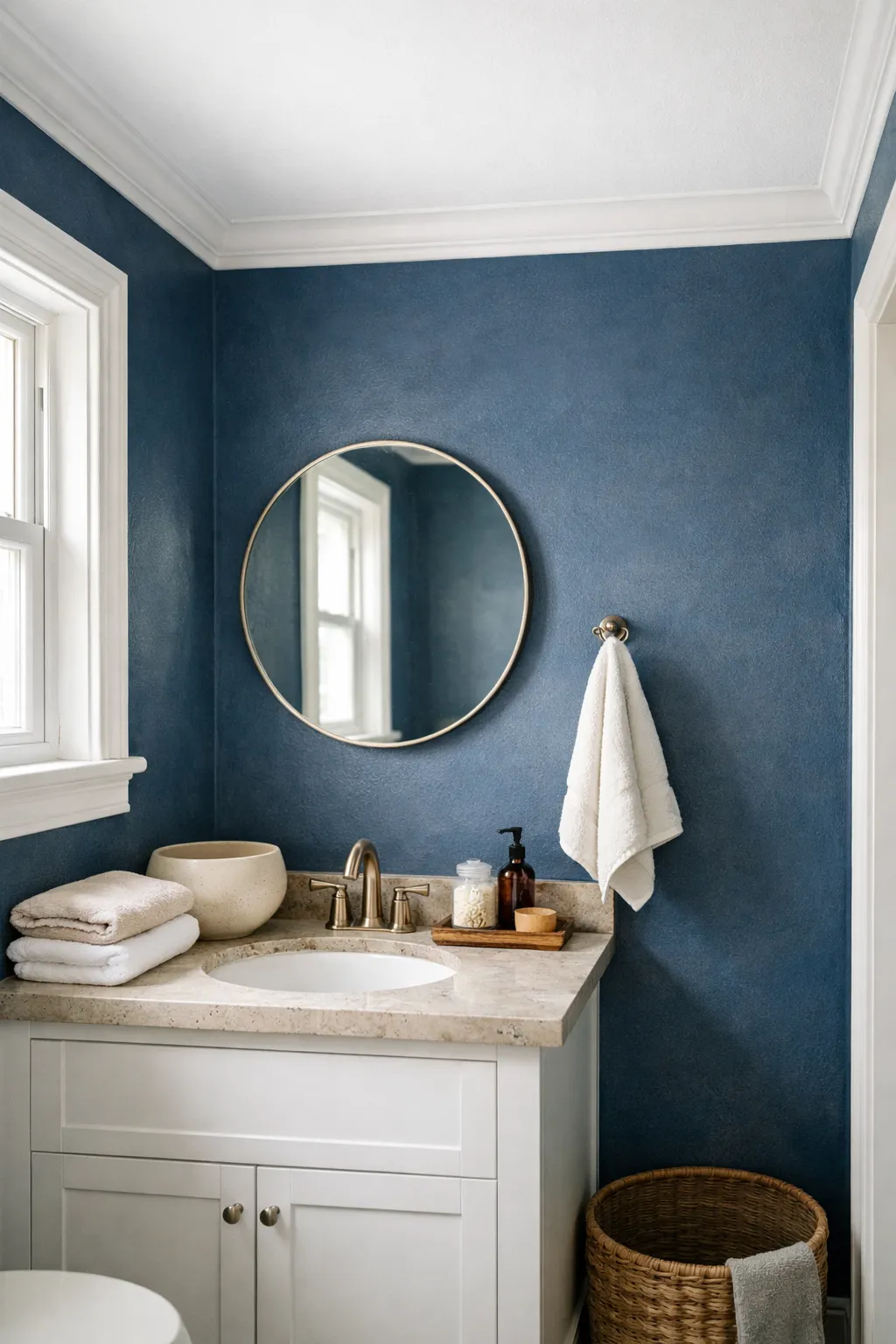 A moody blue bathroom with dark walls, a light ceiling, and balanced natural lighting.