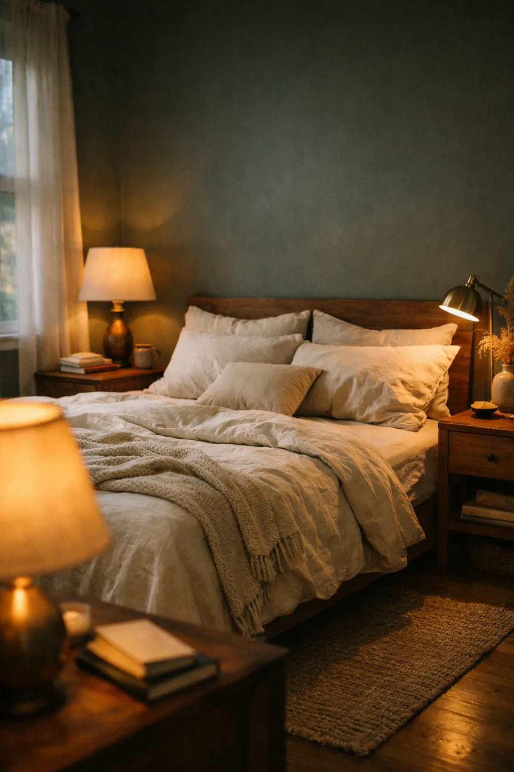 A moody bedroom with deeper sage green walls, cream bedding, and warm layered lighting.