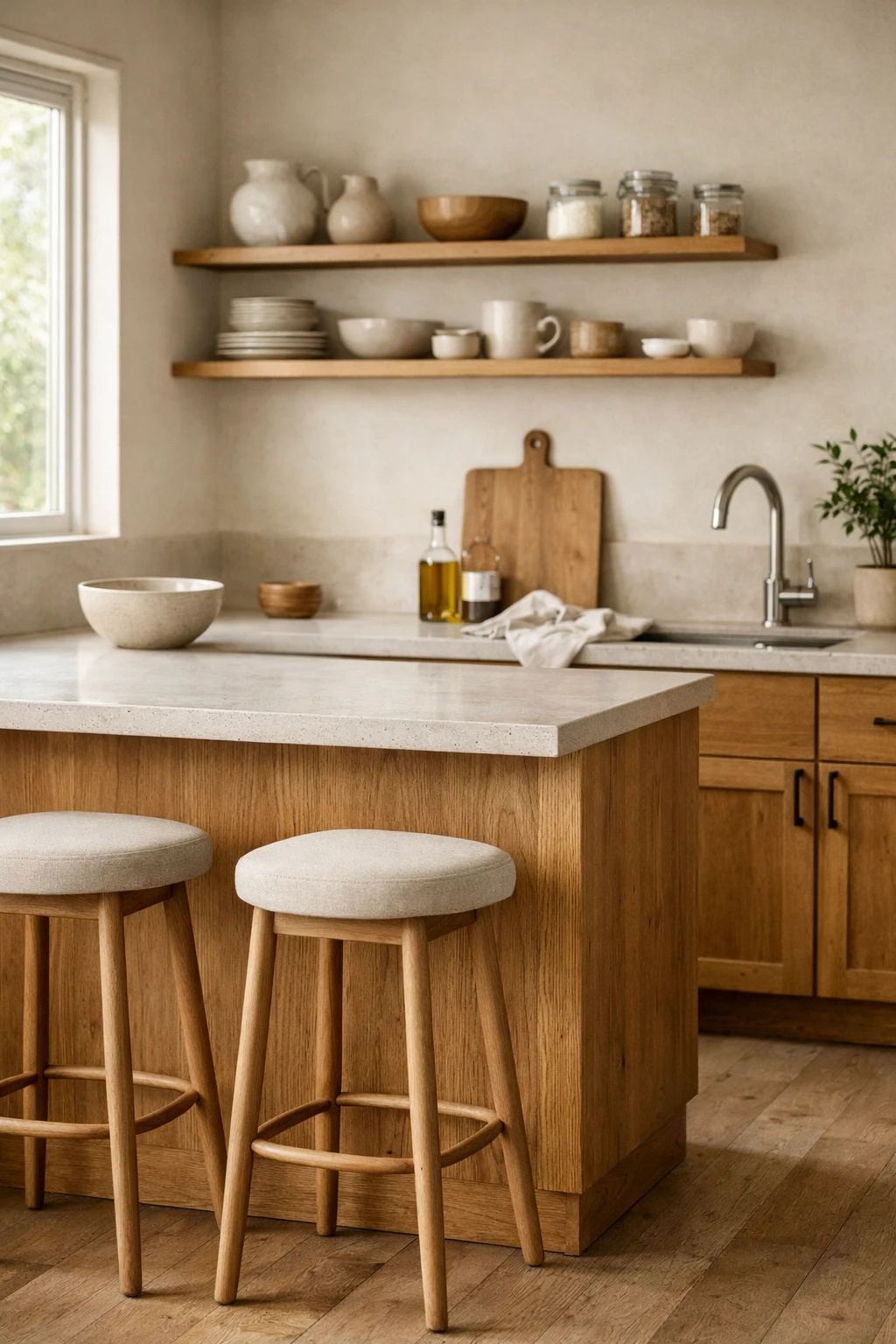 Mid century kitchen with neutral palette and wood cabinets