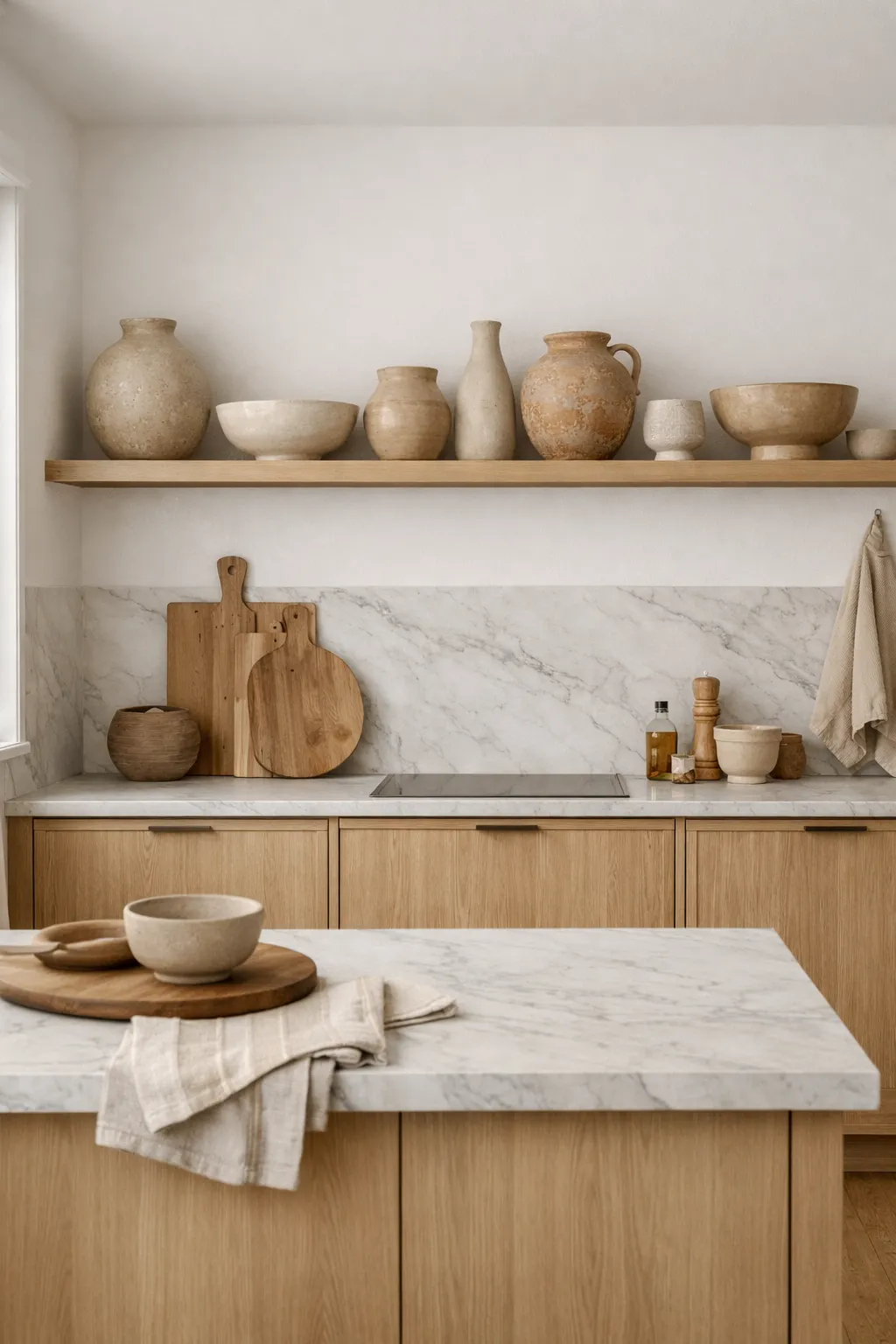 Neutral pottery vases displayed above kitchen cabinets in a calm kitchen design.