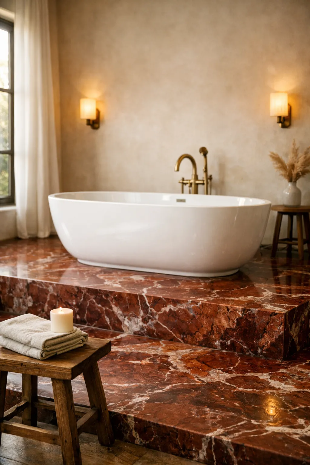 Freestanding bathtub placed on a raised red marble platform with warm ambient lighting.