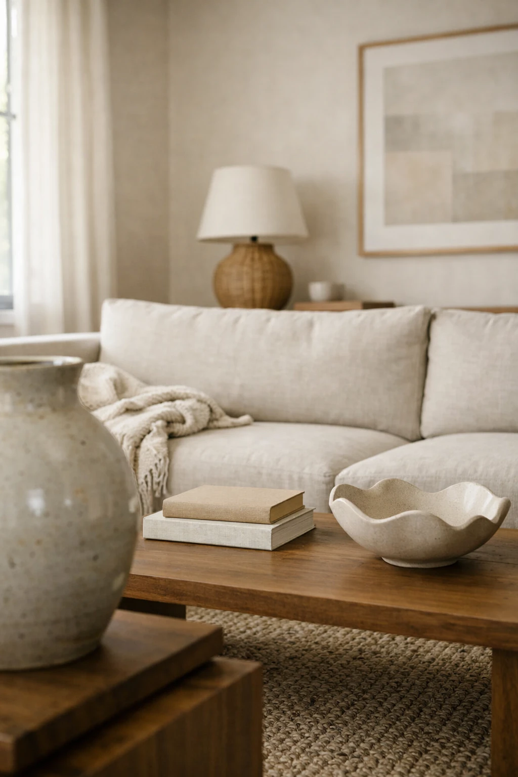 A luxury living room finished with a few carefully chosen accents like books, ceramics, and a textured throw.