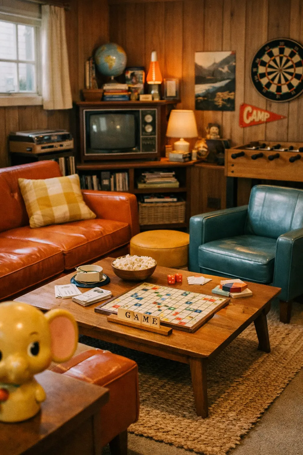 A playful Animal Crossing basement styled as a retro rec room with colorful vintage furniture and games.