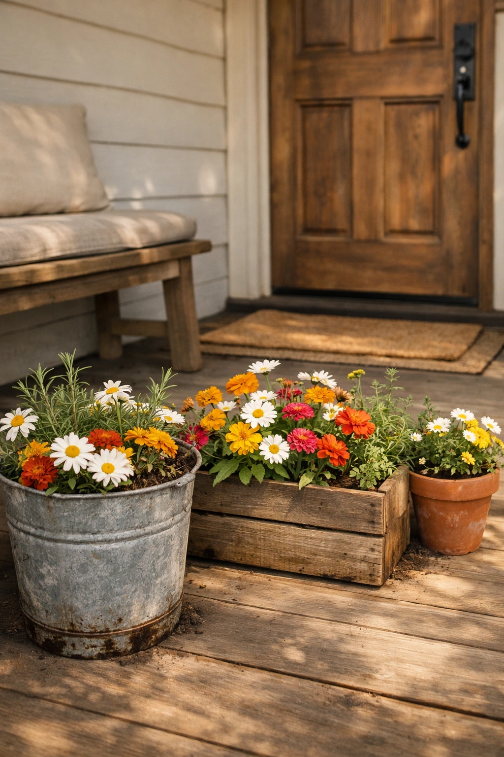 Rustic crates and buckets filled with casual flowers add farmhouse charm to a porch.