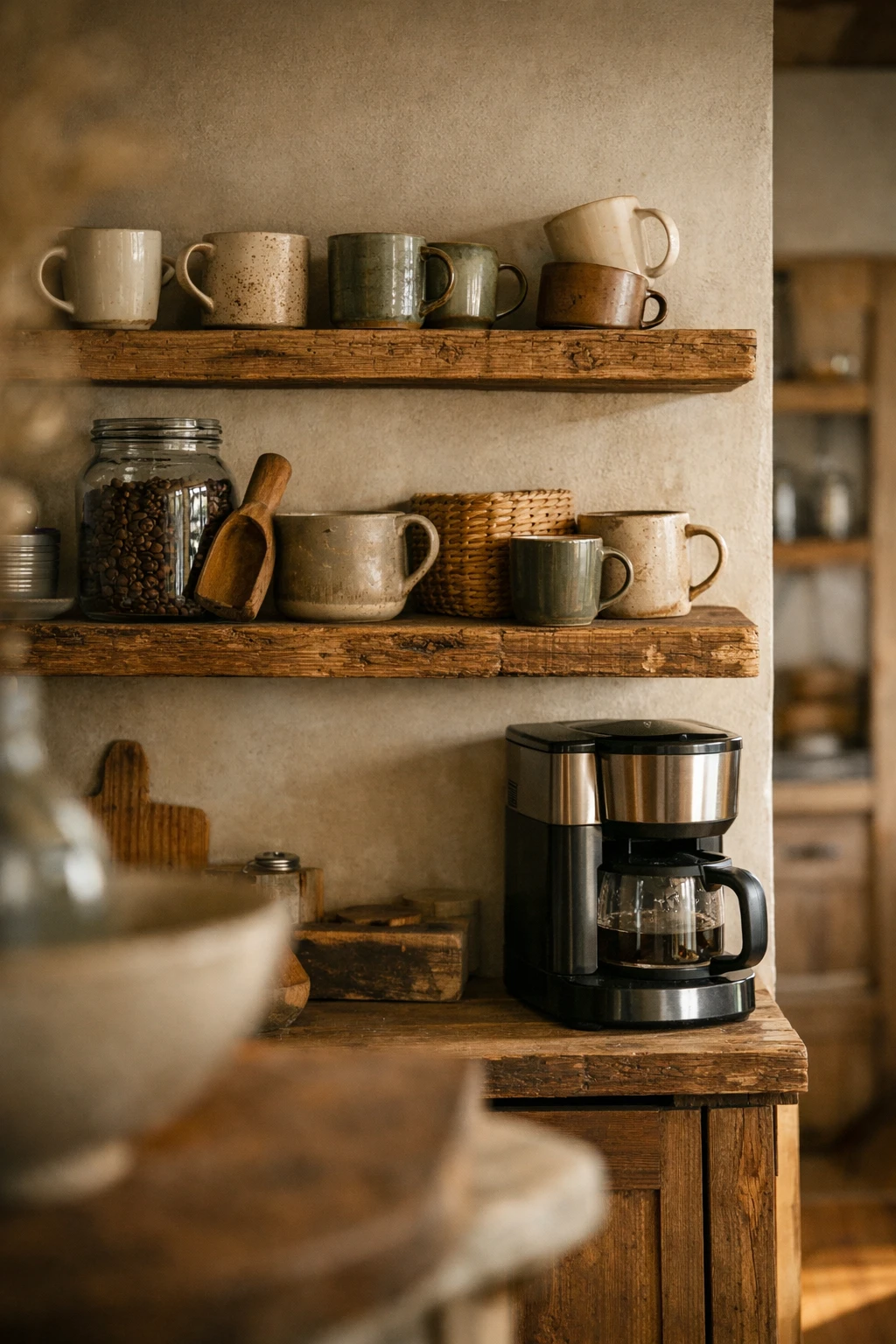 A rustic coffee bar with open wood shelves, ceramic mugs, and warm textured decor.
