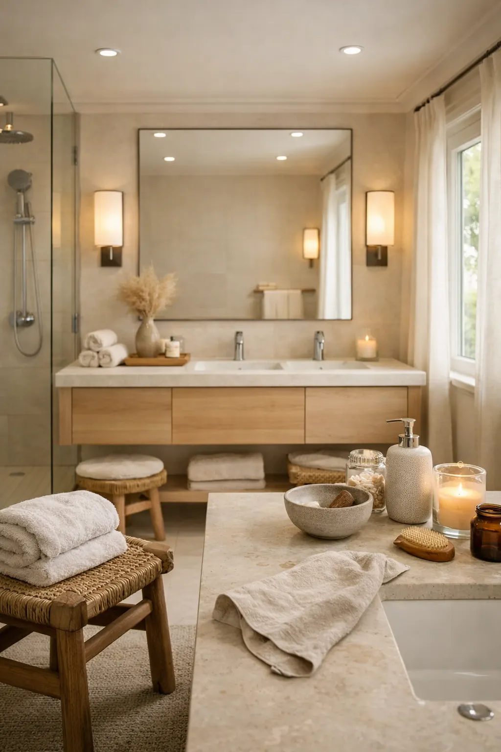 A spa-inspired bathroom with layered lighting, soft neutrals, and modern lines.