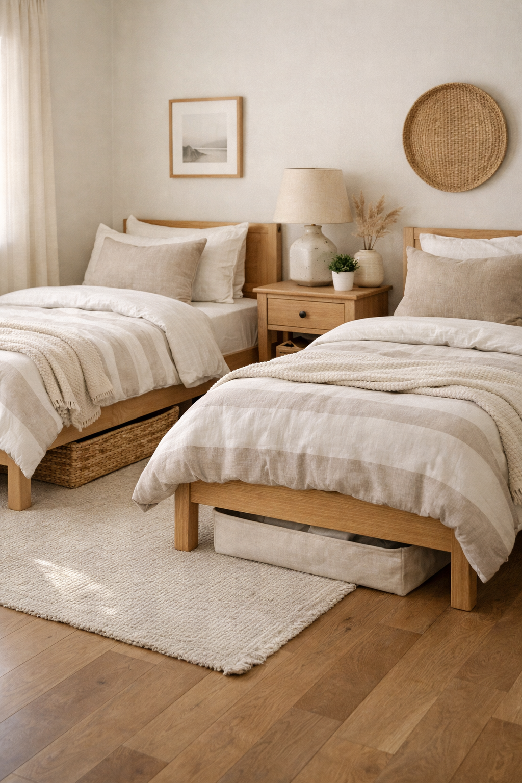 Underbed storage helps keep a twin bed guest room tidy while maintaining a cozy look.
