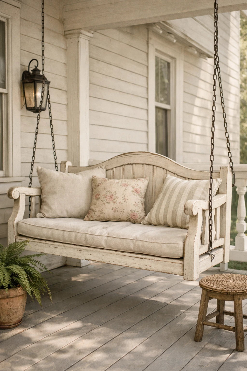A vintage-inspired porch swing with soft patterned pillows, charming details, and a traditional porch setting.