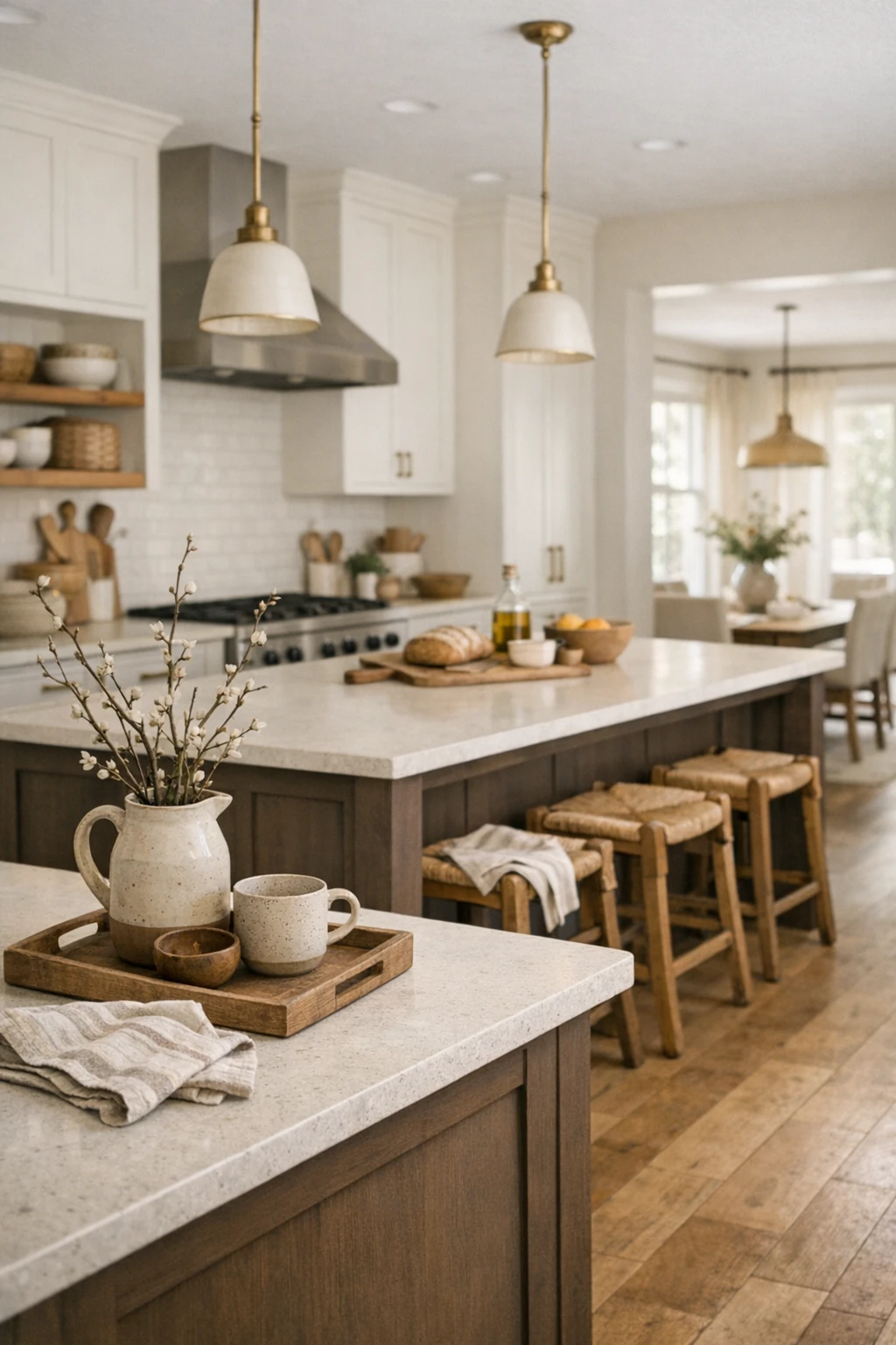 A welcoming kitchen with warm white cabinets, a mocha brown island, and layered natural textures.