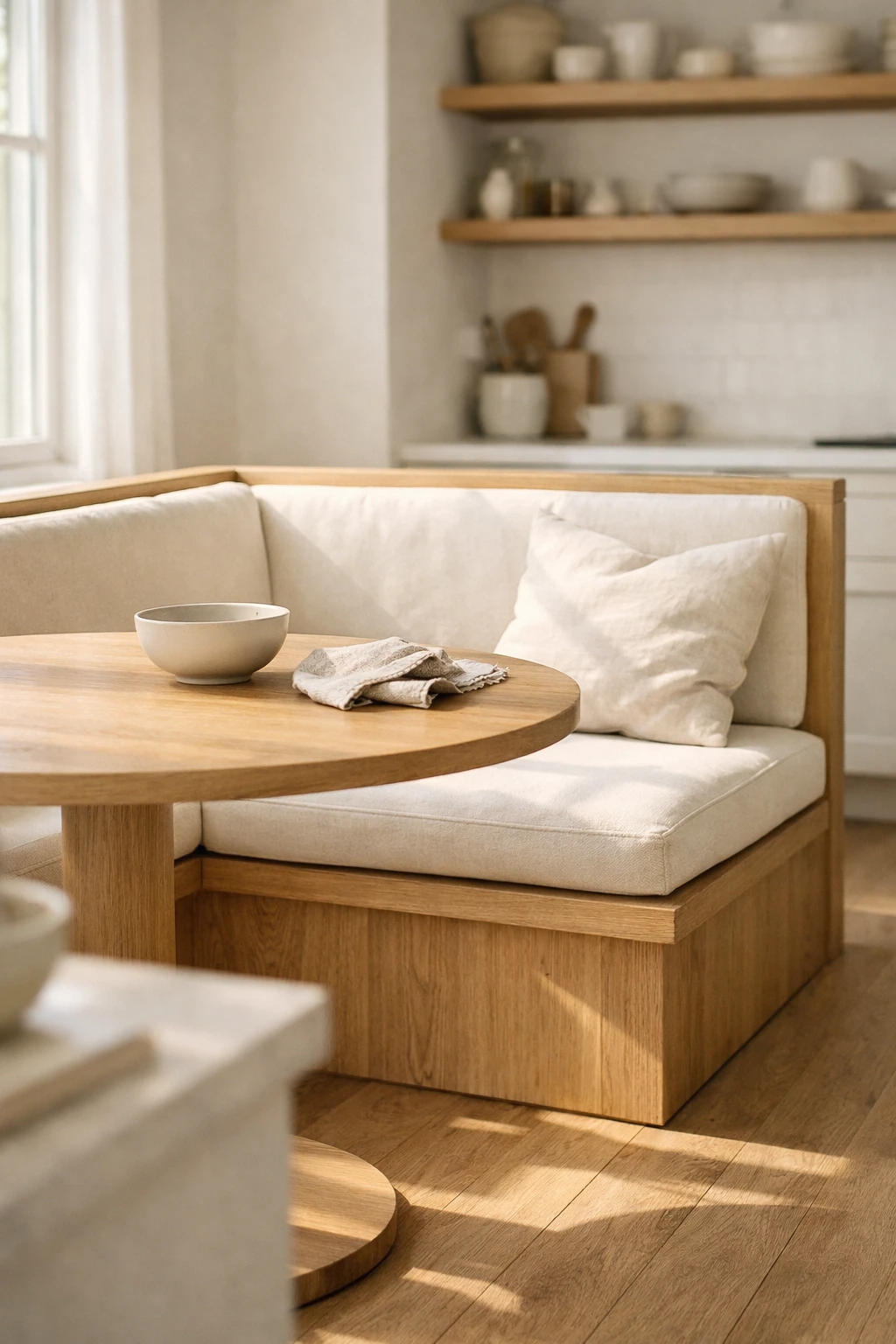 A light white oak kitchen banquette with creamy cushions and an airy natural palette.