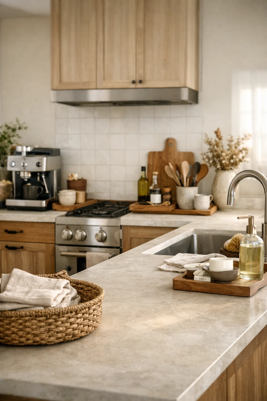 A kitchen counter styled in clear zones with a coffee area, prep tools, and sink essentials.
