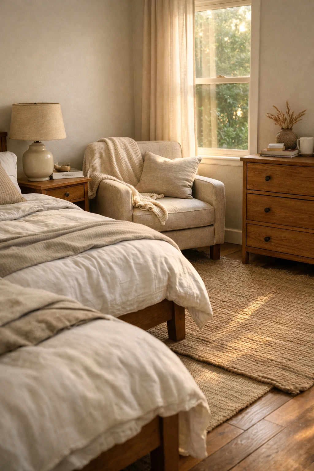 A comfortable accent chair adds function and warmth to a cozy twin bed guest room.