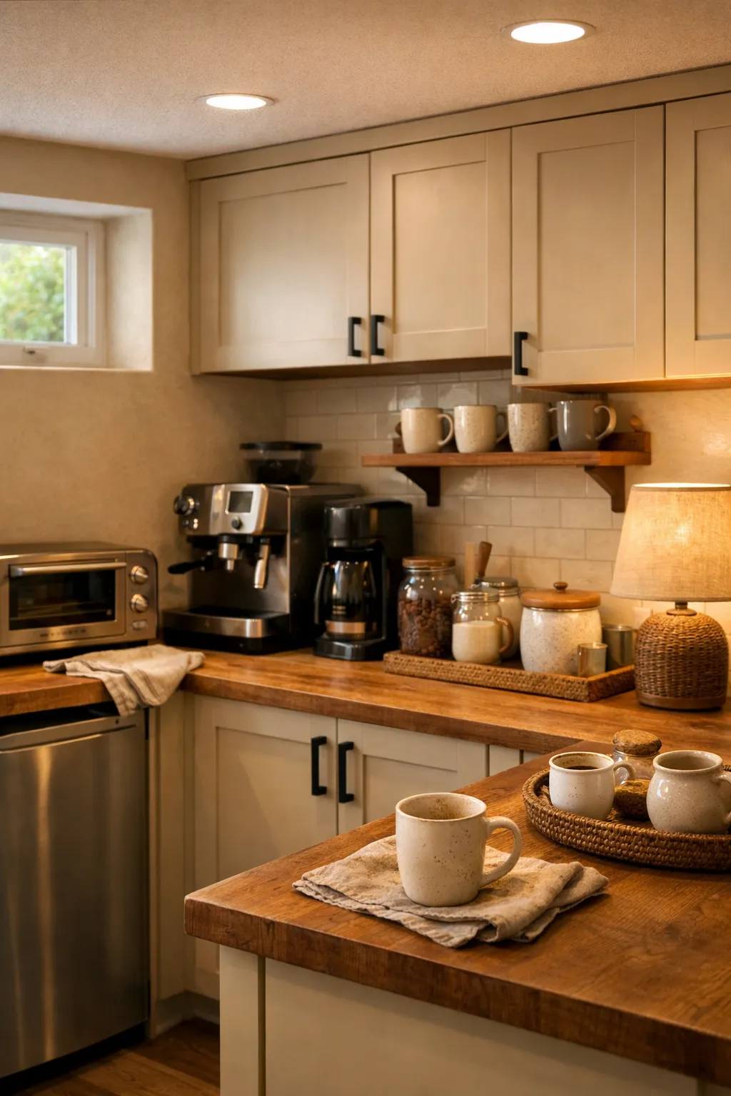 A cozy basement coffee bar kitchenette with a compact counter, mugs, and warm layered lighting.