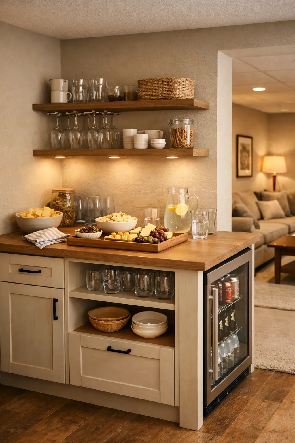 A basement family room with a simple snack station, beverage area, and warm decor.