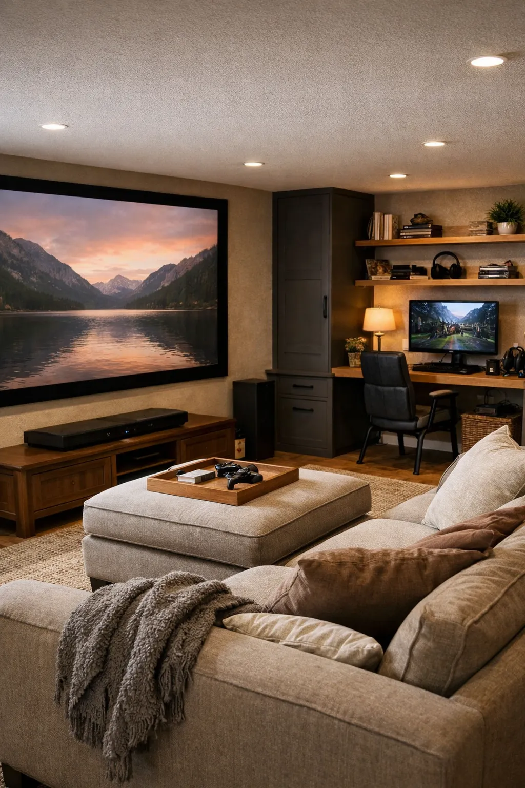 A basement media room that combines a home theater with a gaming area.