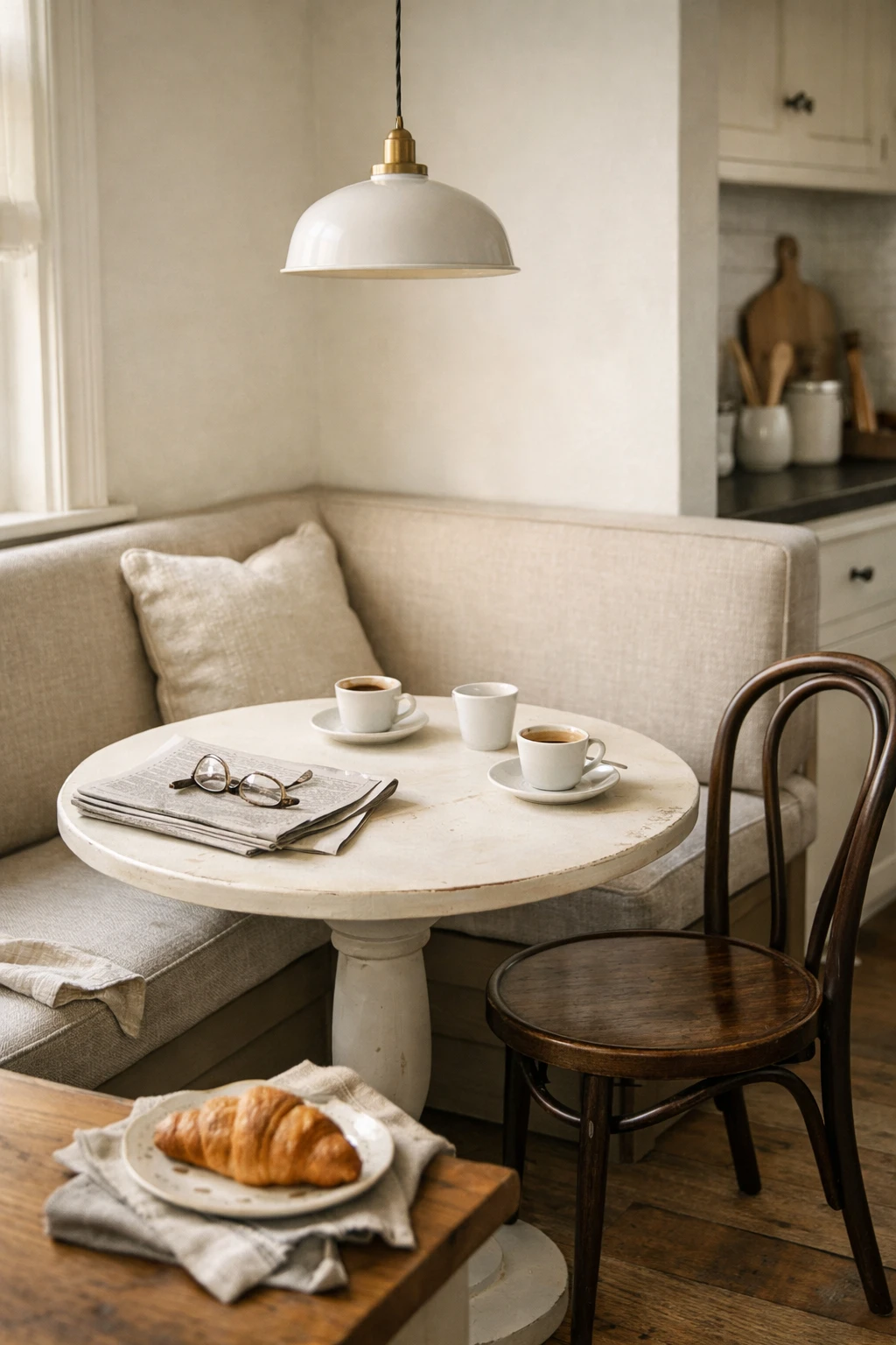 A compact bistro-inspired kitchen banquette with a round table and charming cafe-like details.
