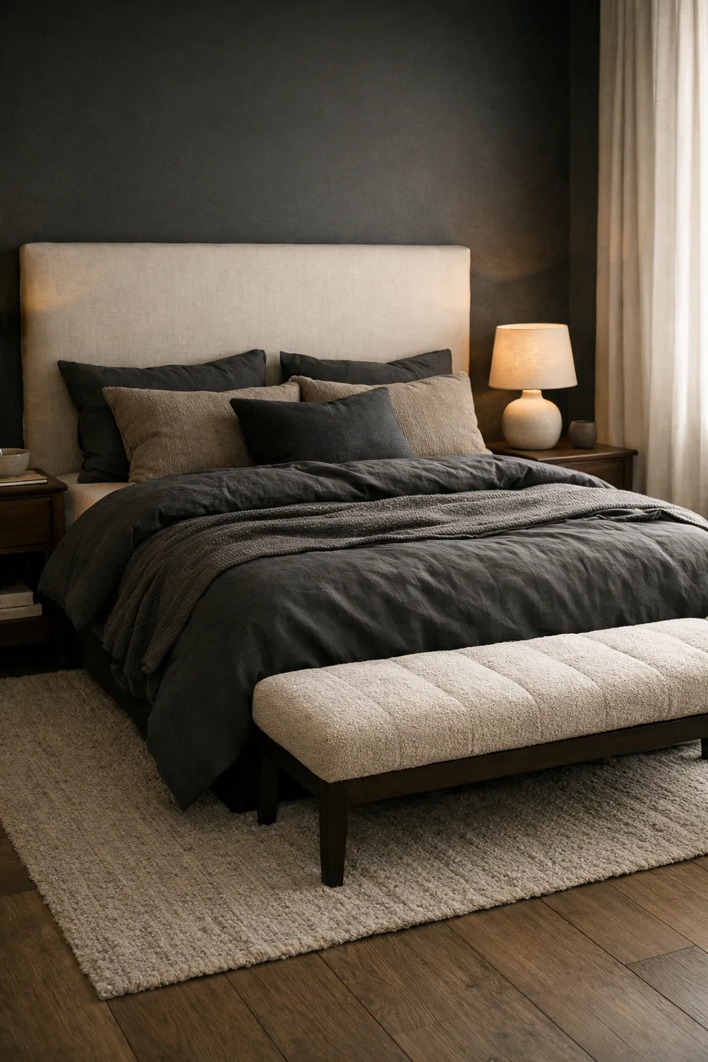 A moody black bedroom with an upholstered headboard, soft bench, and layered textiles.
