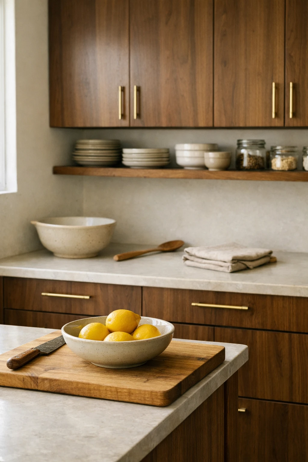 Mid century kitchen with brass cabinet handles and walnut cabinets