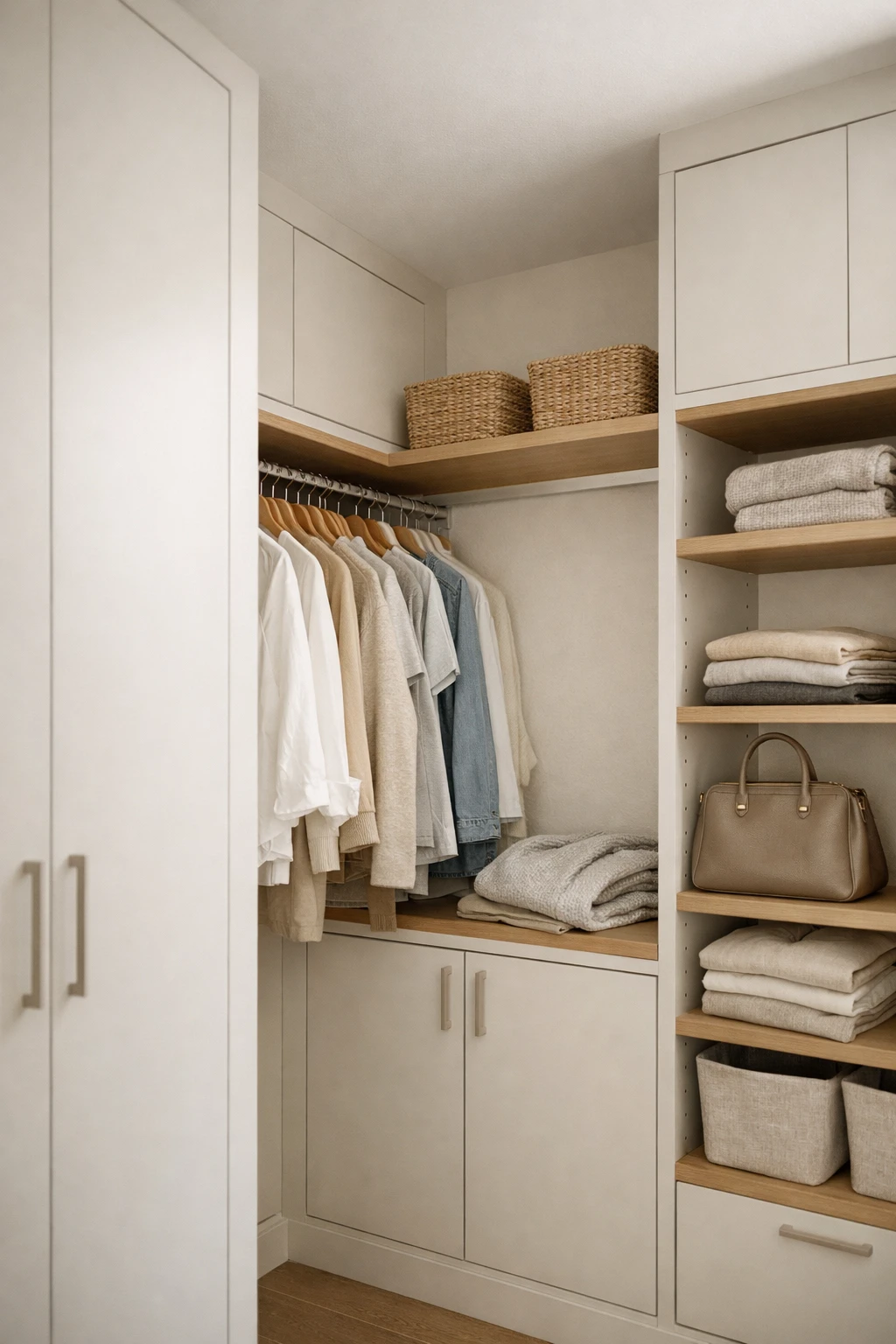 A small walk-in corner closet with built-in wardrobe cabinets and neutral shelving.