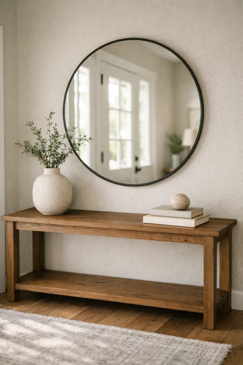 Entryway console table with large round mirror and balanced decor styling.