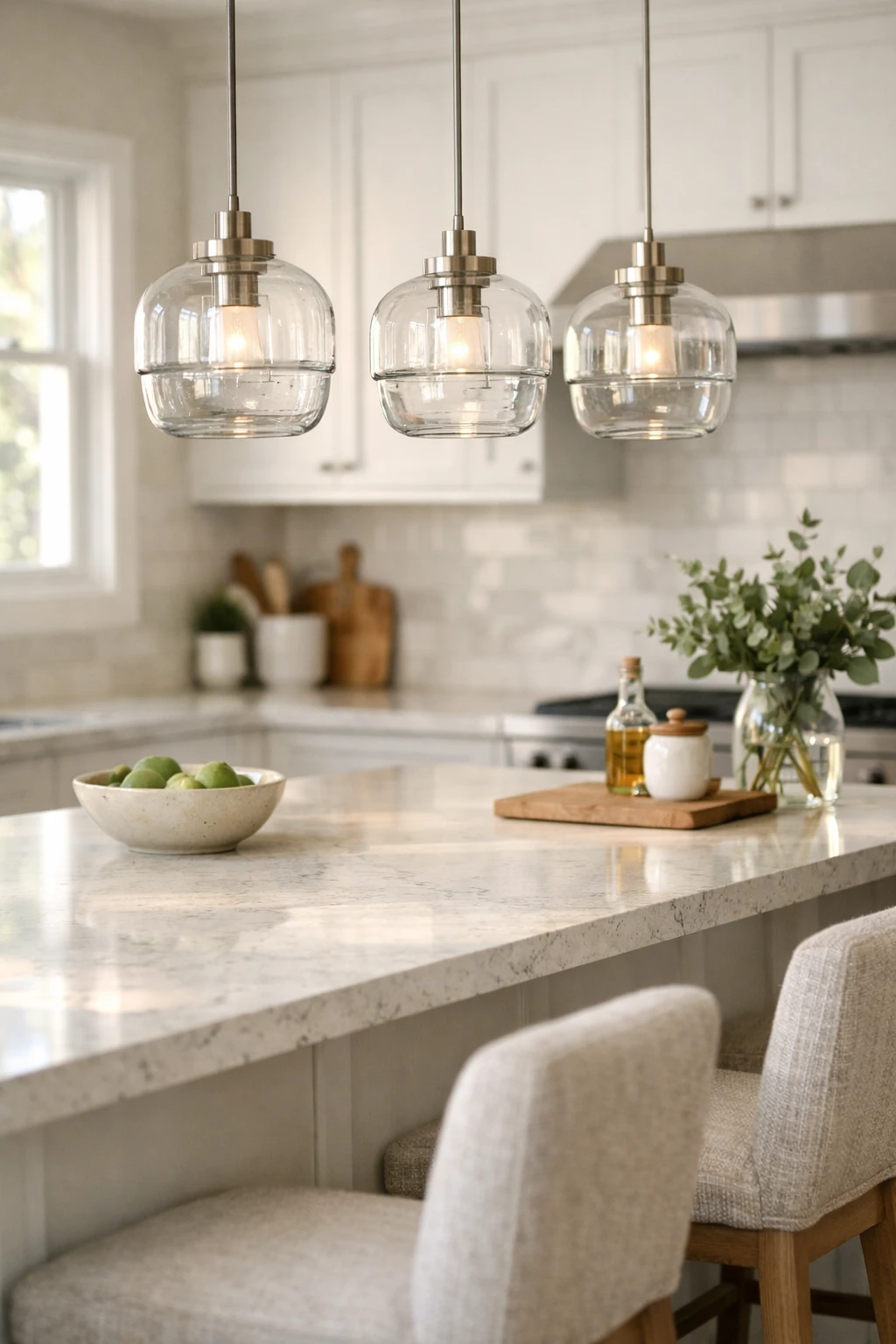 Double layer glass pendant lights above a bright quartz kitchen island