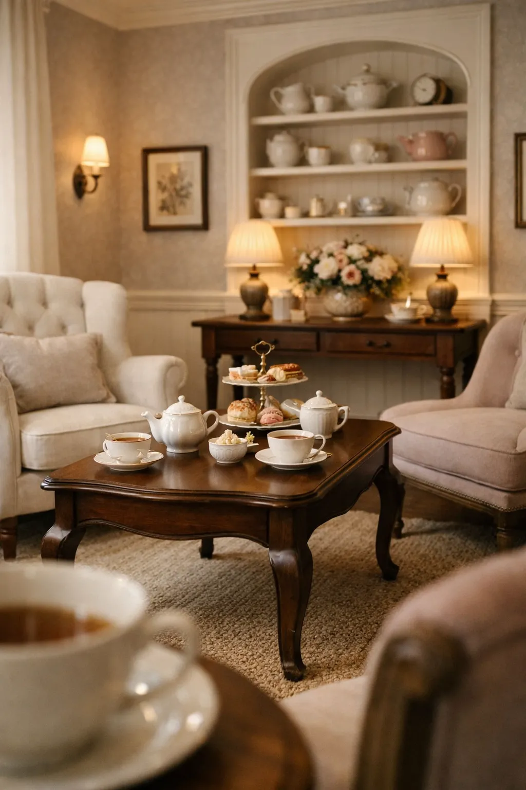 An elegant Animal Crossing basement tea room with polished seating, a tea table, and soft classic decor.