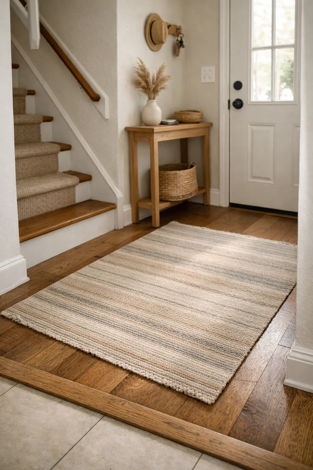 A narrow entry with stairs and a small flatweave rug near the front door.