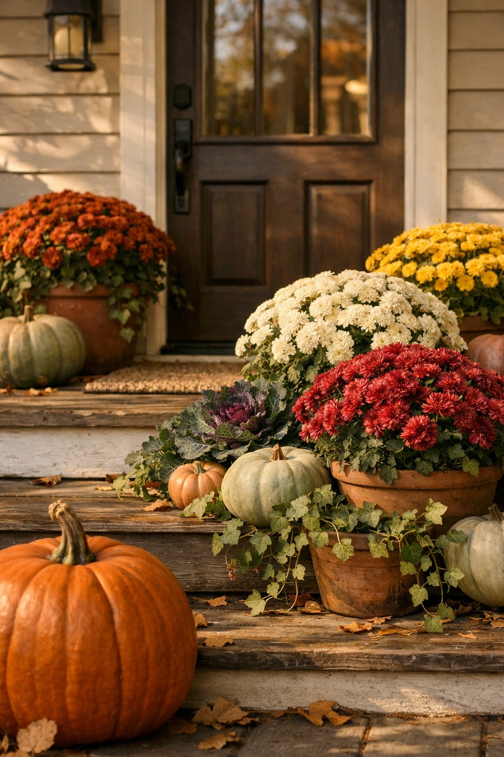 Mums and textured seasonal accents create a rich fall flower display on the porch.