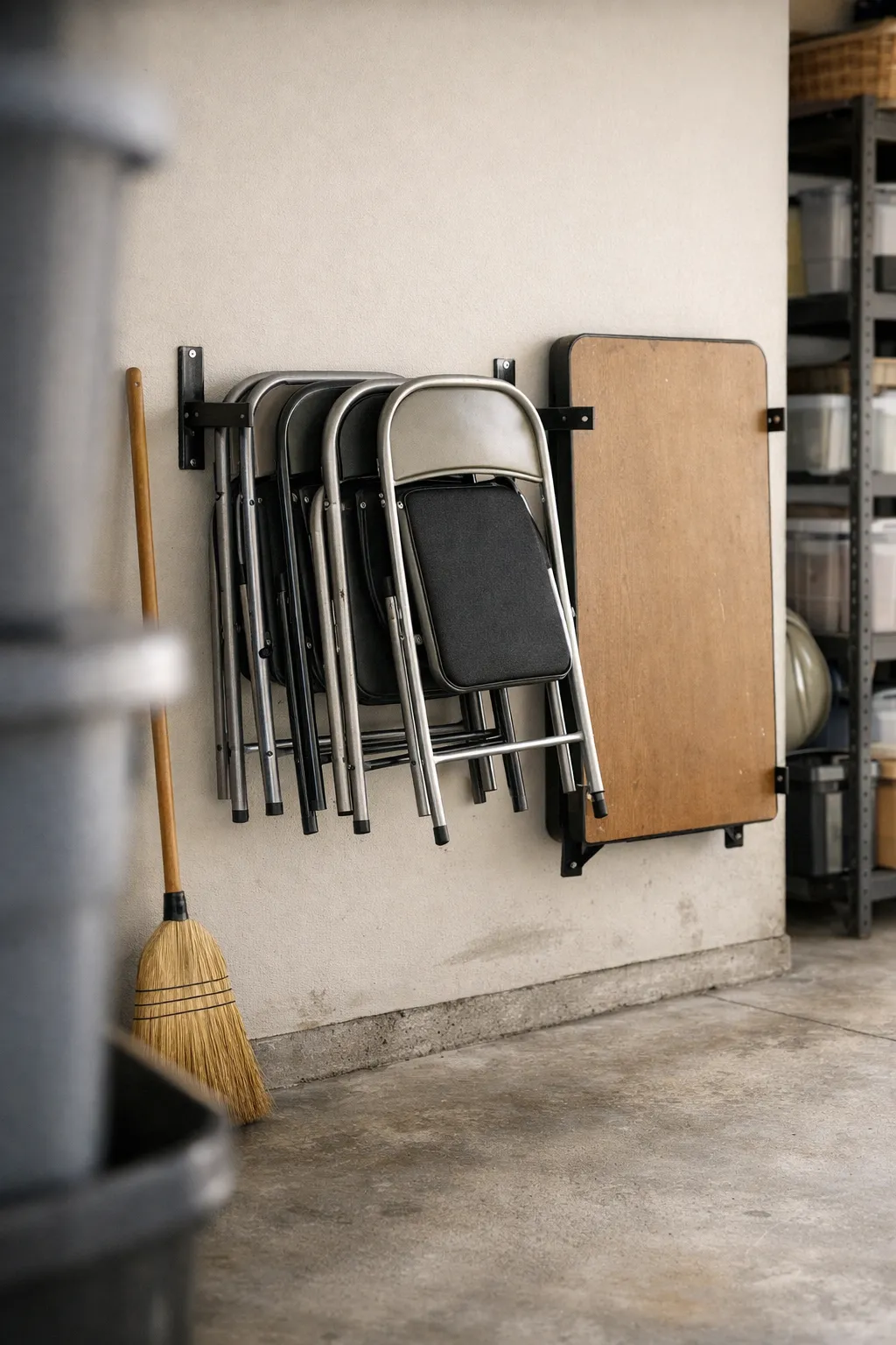 Folding chairs and a table stored upright against a garage wall with simple brackets.