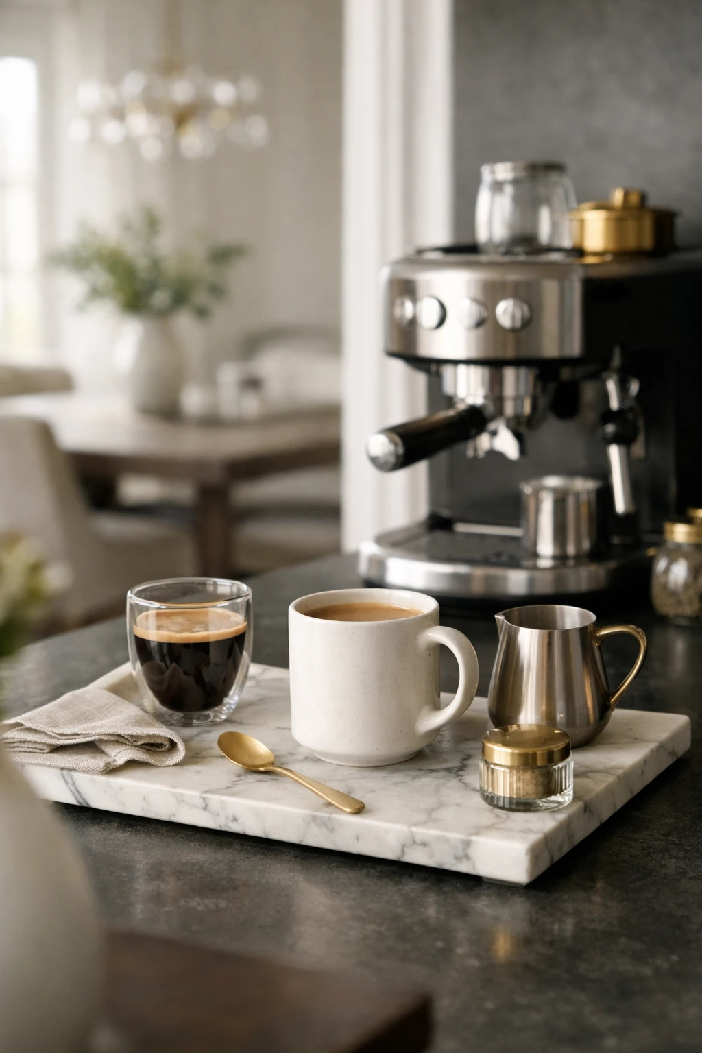 A glam coffee bar with gold details, marble surfaces, and polished but cozy styling.