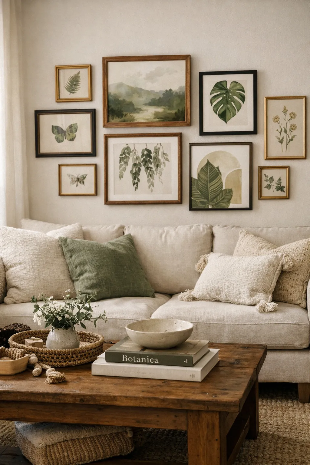 Living room with a gallery wall featuring botanical artwork.
