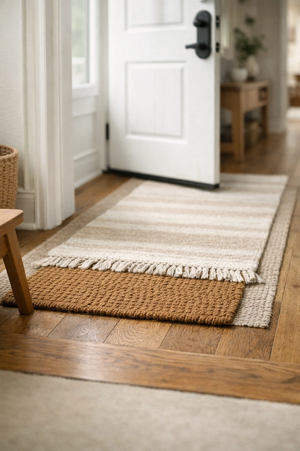 A home entrance with a layered doormat and runner rug combination near the front door.