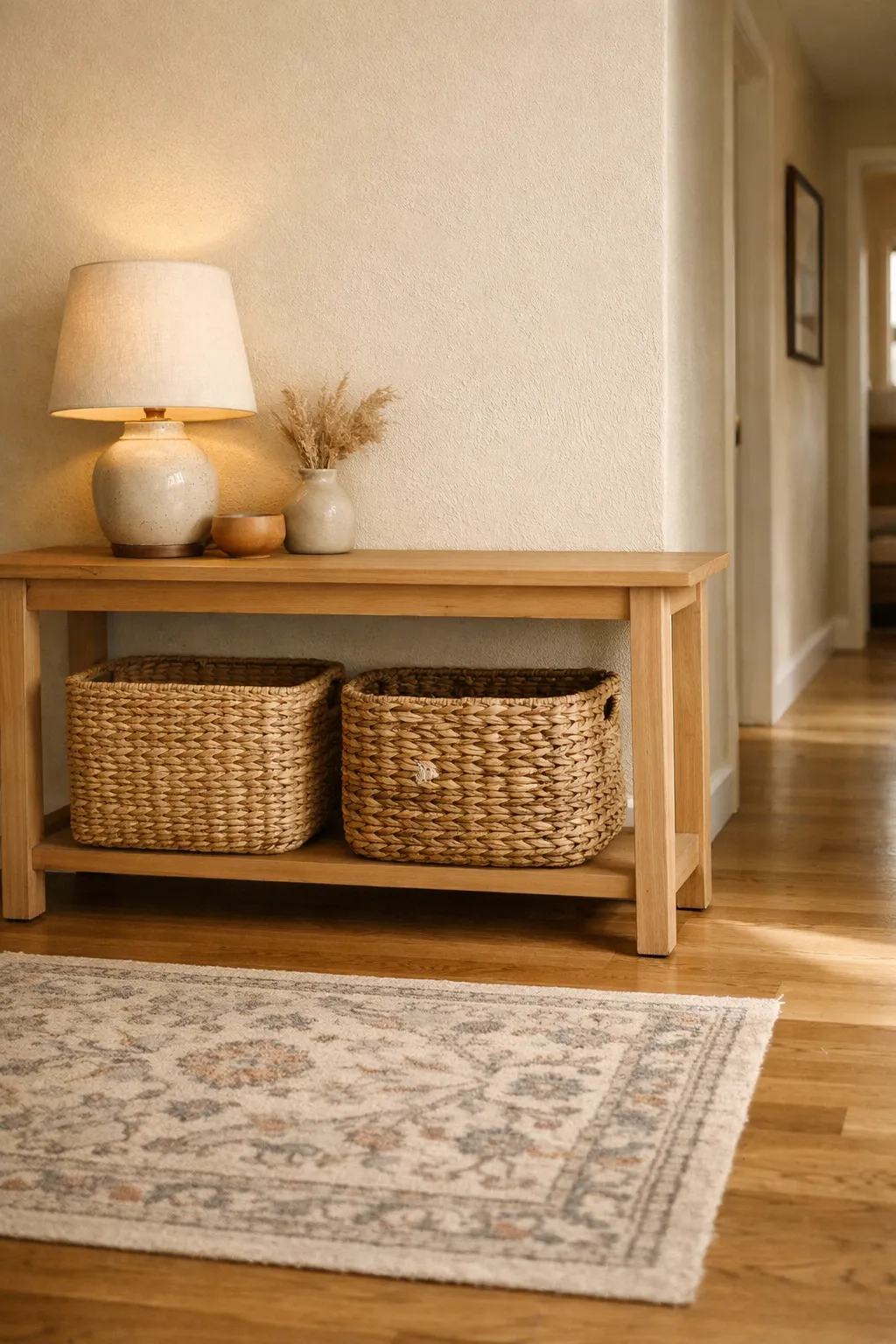 Woven baskets under wooden console in bohemian hallway.