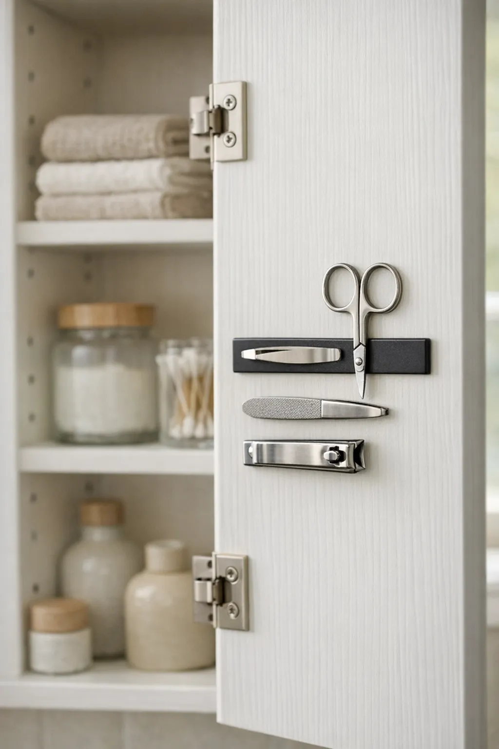 Bathroom cabinet door interior with magnetic strip holding grooming tools.