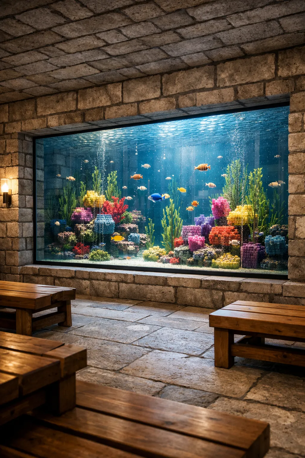 underground Minecraft aquarium room with glass tank and tropical fish