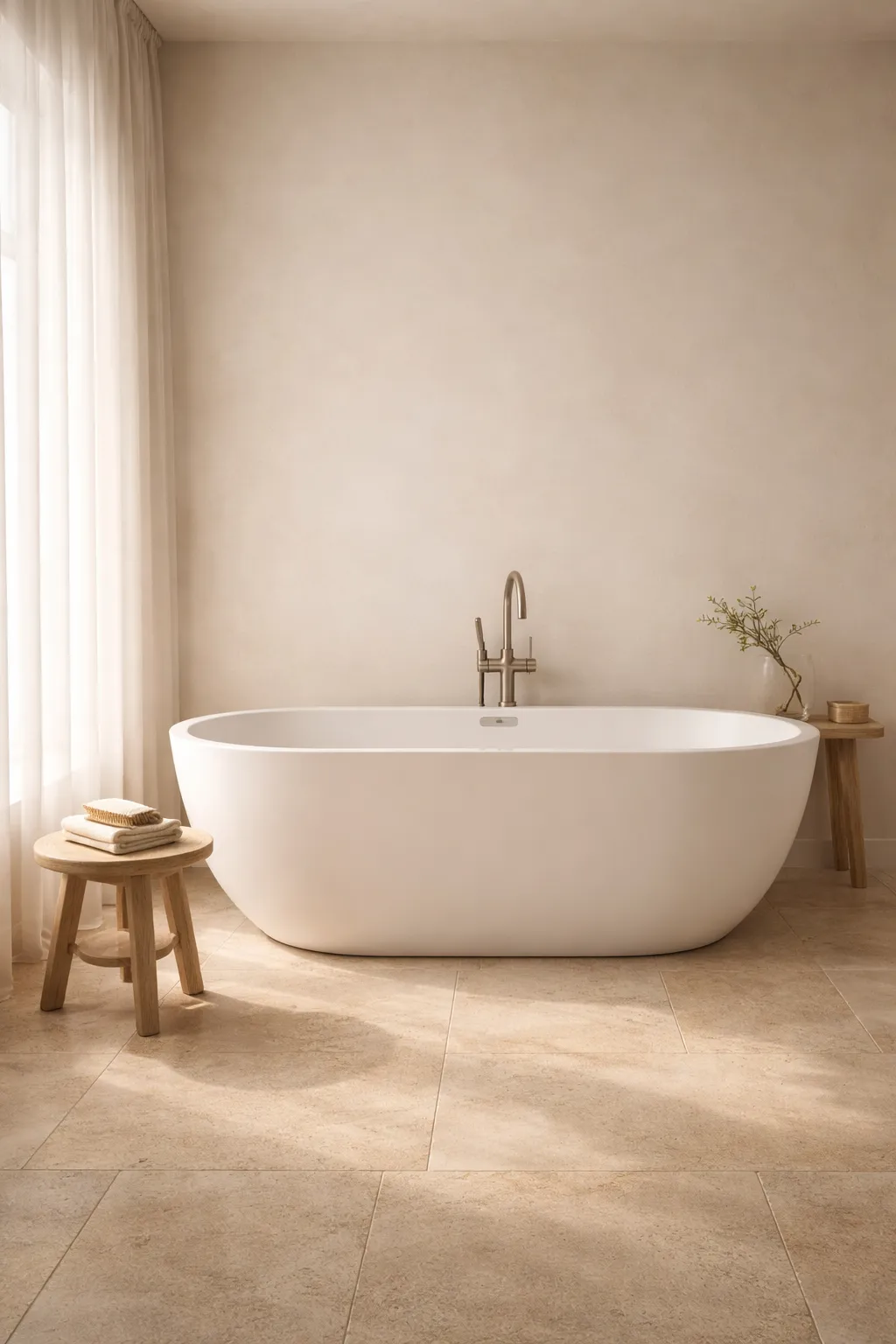 A modern neutral bathroom with a freestanding tub in a minimal calm setting.