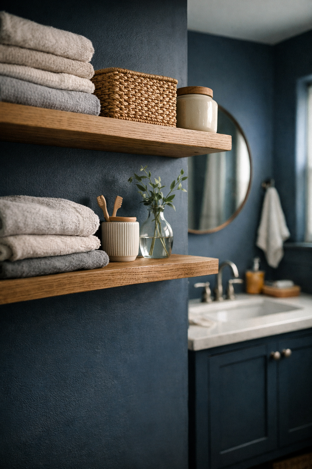 A moody blue bathroom with open shelves styled with towels, baskets, and simple decor.