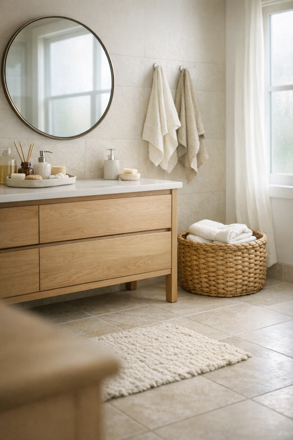 A bright bathroom filled with natural window light.