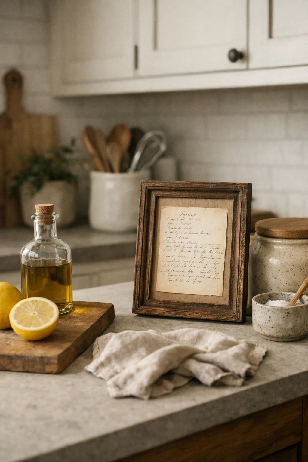 A styled kitchen counter with a handmade bowl and framed recipe adding a personal touch.