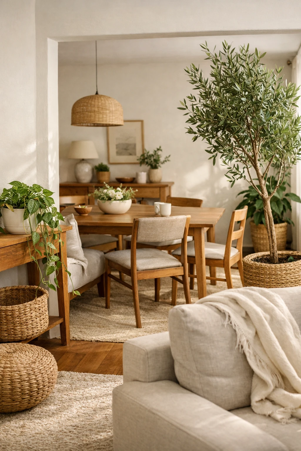 A living and dining combo with indoor plants placed to soften the transition between zones.