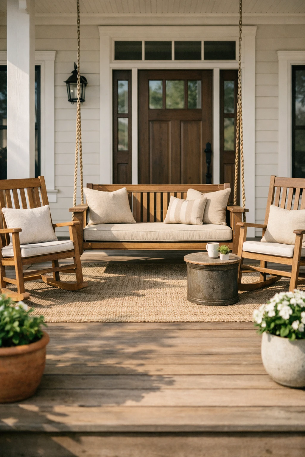A front porch swing paired with matching rocking chairs for a balanced and welcoming seating layout.