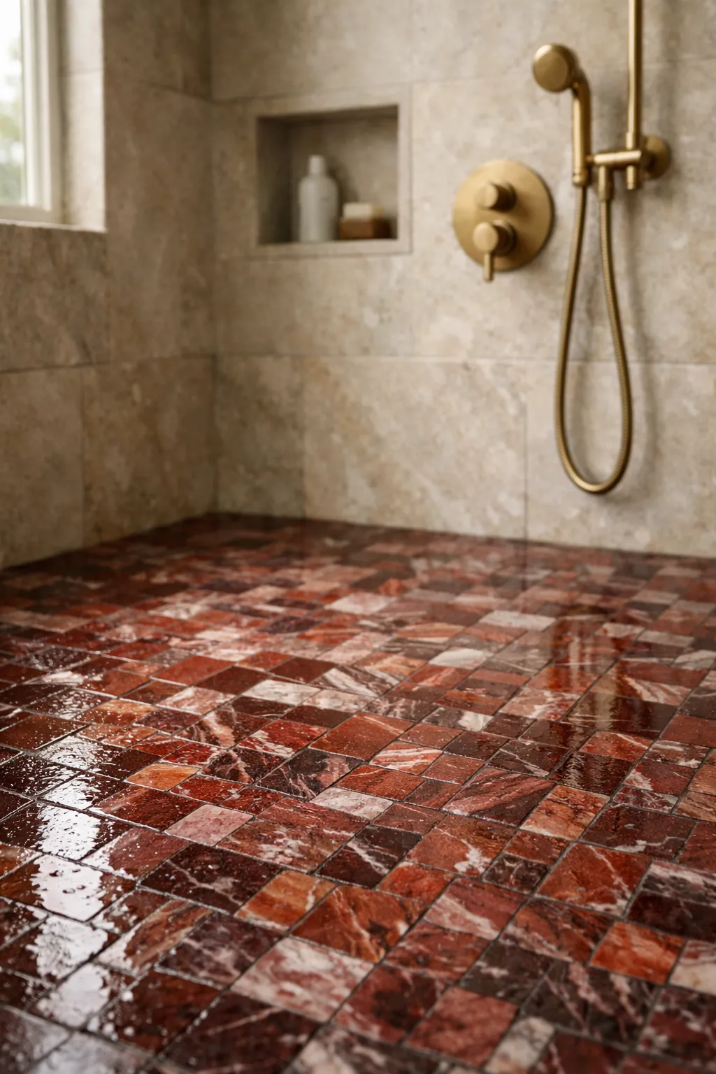 Shower floor made from small red marble mosaic tiles with neutral shower walls.