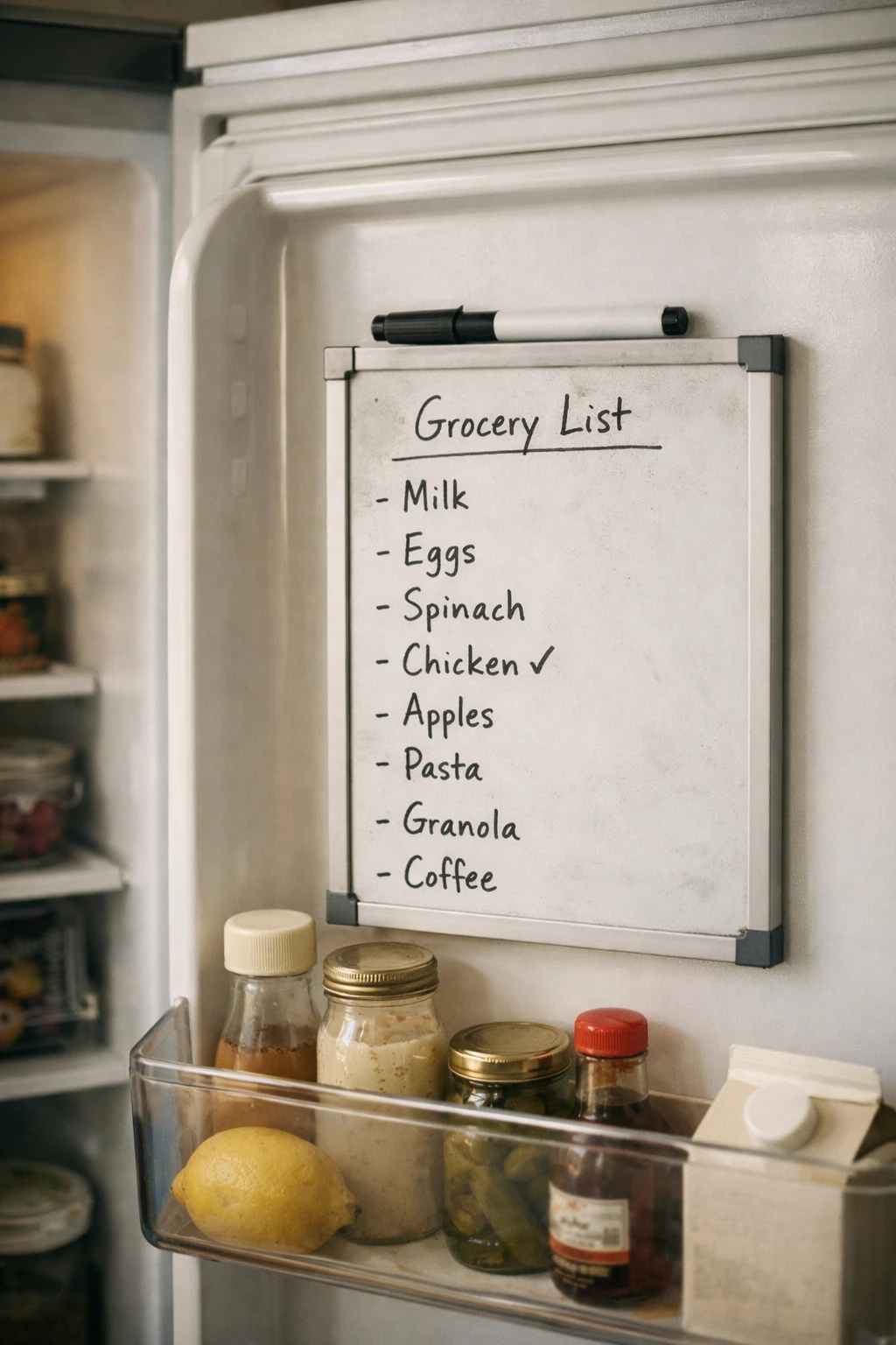 Small dry erase board attached inside fridge door